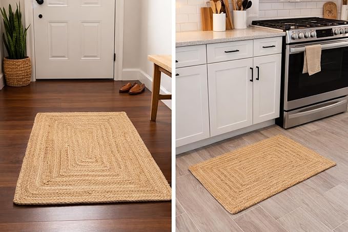 Savi Home Hand Woven Jute Braided Rug, 2'x3' - Natural, Reversible Boho Entry Area Rugs for Kitchen, Living Room, Farmhouse Indoor Outdoor Decorative Floor Rug, 24x36 Inches