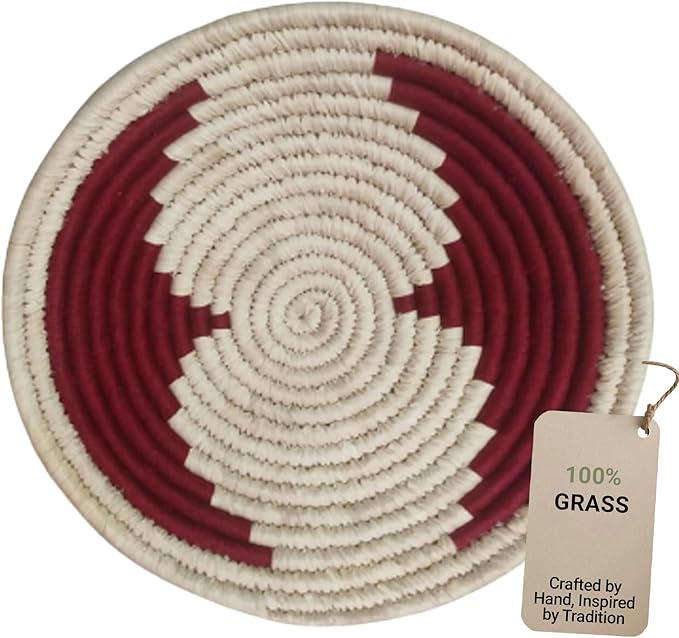 Wicker Village | Handmade Woven Wall Basket Décor | Boho Wall Art | Hanging Accent Rustic Natural Sabai Grass | Red and Beige | 8" L x 8" W x 2" H