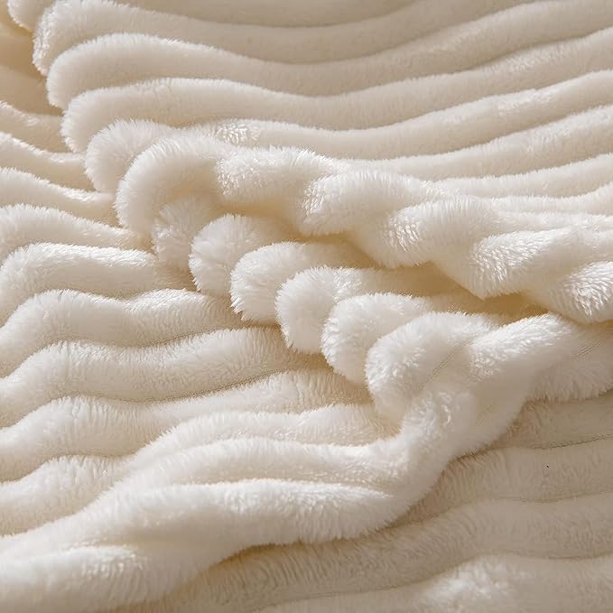 MIULEE Cream White Throw Blanket 3D Ribbed Jacquard Fleece Flannel Velvet Plush Decorative Bed Blanket (Throw, 50" x 70") - Super Soft, Lightweight, Warm and Cozy for Couch Sofa