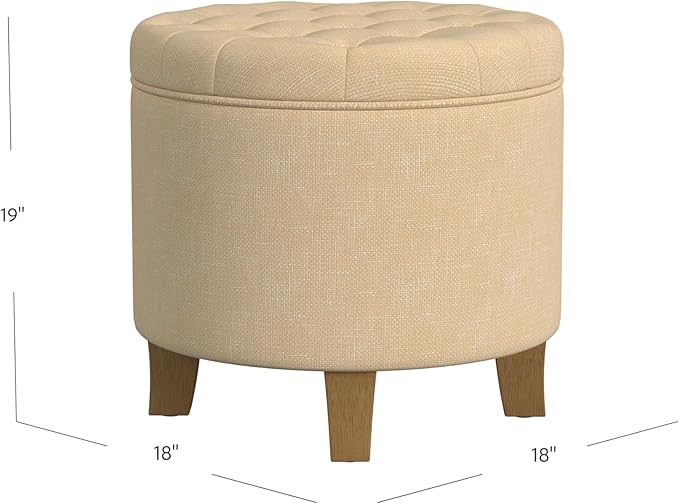 HomePop by Kinfine Fabric Upholstered Round Storage Ottoman - Button Tufted Ottoman with Removable Lid, Light Tan Textured Solid