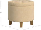 HomePop by Kinfine Fabric Upholstered Round Storage Ottoman - Button Tufted Ottoman with Removable Lid, Light Tan Textured Solid