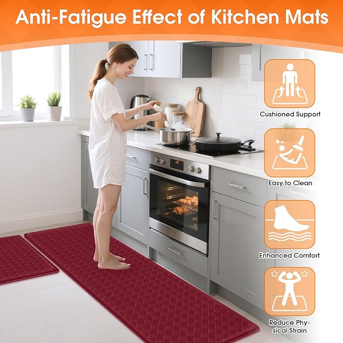 Kitchen Mats, 2PCS Kitchen Rugs, Cushioned Anti Fatigue Kitchen Mats for Floor, Non-Slip Standing Desk Mat, Waterproof Kitchen Rug Set for Kitchen Floor Office,17.3"×30"+17.3"×59" Red