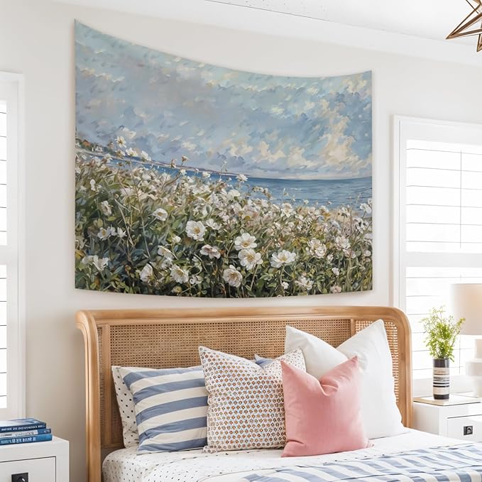 STHTTSW Coastal Wildflower Tapestry, Flower Field Landscape Tapestries Wall Blanket, Preppy Beach Floral Wall Hanging Decor for Teen Girl Women Home Living Room Bedroom, 50x60 Inch