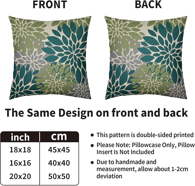 Teal Green Grey Gray Pillow Covers 16X16 Inch Set of 2, Spring Modern Geometry Dahlia Floral Print Decorative Throw Pillow Covers Outdoor Farmhouse Cushion Case for Couch Sofa Bed Decor