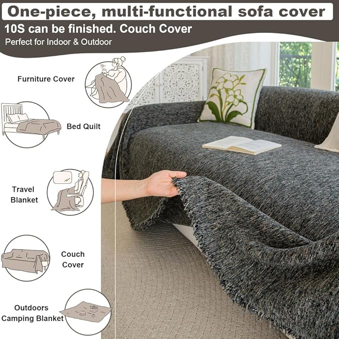 ROOMLIFE Gray Couch Cover Boho Sofa Covers for 3 Cushion Couch Washable, Furniture Protector Sofa Couch Cover for Dogs, Soft Chenille Sofa Slipcover, Couch Throw Blankets with Tassels 71 '' X 134''