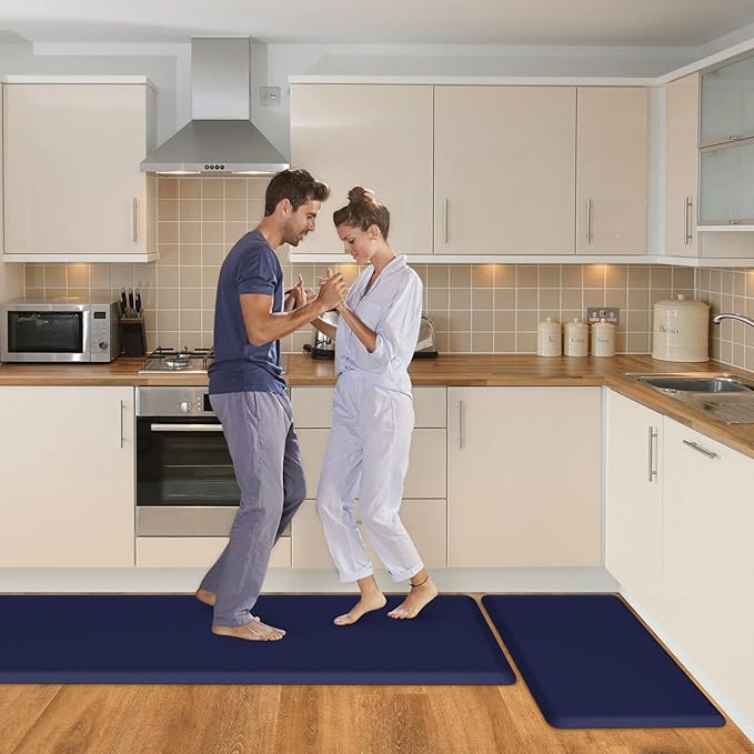 HappyTrends Kitchen Mat,17.3"x28"+17.3"x60" Navy, Cushioned Comfort Anti-Fatigue Waterproof Floor Mat Kitchen Rugs, Thick Perfect Ergonomic Foam Standing mat for Kitchen, Home, Office, Laundry