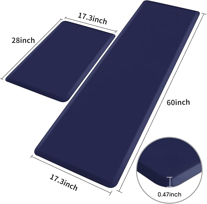 HappyTrends Kitchen Mat,17.3"x28"+17.3"x60" Navy, Cushioned Comfort Anti-Fatigue Waterproof Floor Mat Kitchen Rugs, Thick Perfect Ergonomic Foam Standing mat for Kitchen, Home, Office, Laundry
