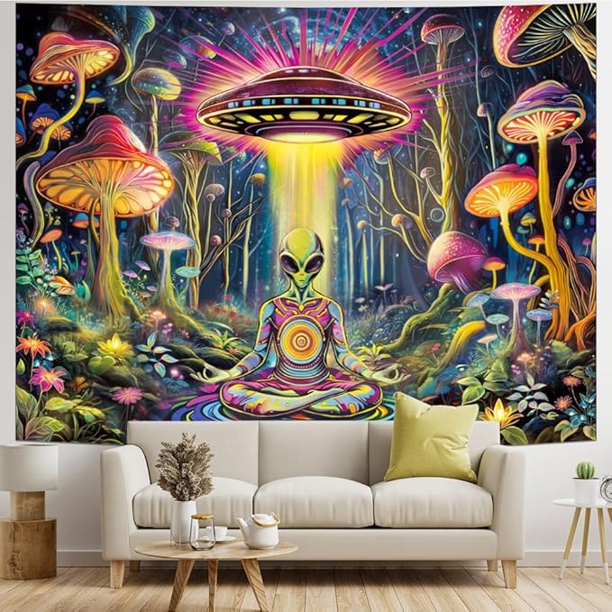 Amonercvita Blacklight Alien UFO Tapestry Neon Mushroom Floral Tapestries UV Reactive Yoga Meditation Tapestry Fantasy Forest Tapestries Wall Hanging Backdrop for Home Decor