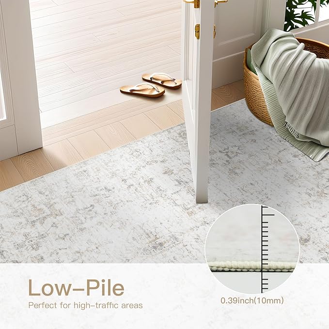 Washable 4×6 Area Rug for Living Room, Vintage Floral Rug Soft Non Slip Stain Resistant Boho Carpet for Indoor Bedroom Dinning Room Home Office Beige New