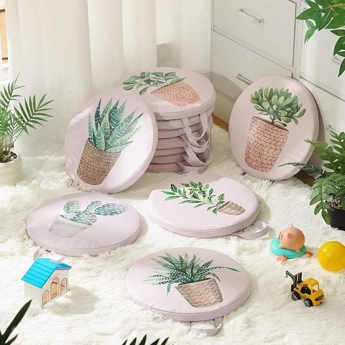 Suzile 12 Pcs Cartoon Kids Floor Cushions for Classroom, Round Flexible Seating with Handle, Soft Waterproof Floor Pillow with 12 Cute Styles for Home Daycare Preschool Kindergarten (Plant)