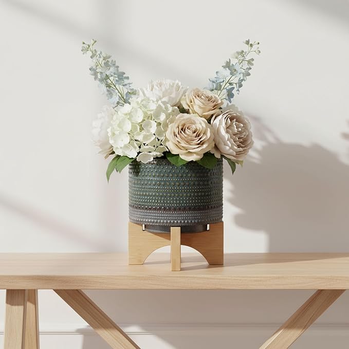 Dotted Decorative Planter Pot with Wood Stand – Ceramic Stoneware Outdoor & Indoor Plant Pot with Drainage Holes – Modern Garden & Home Decor Ceramic Planters & Bamboo Wood – 8", Sage Green