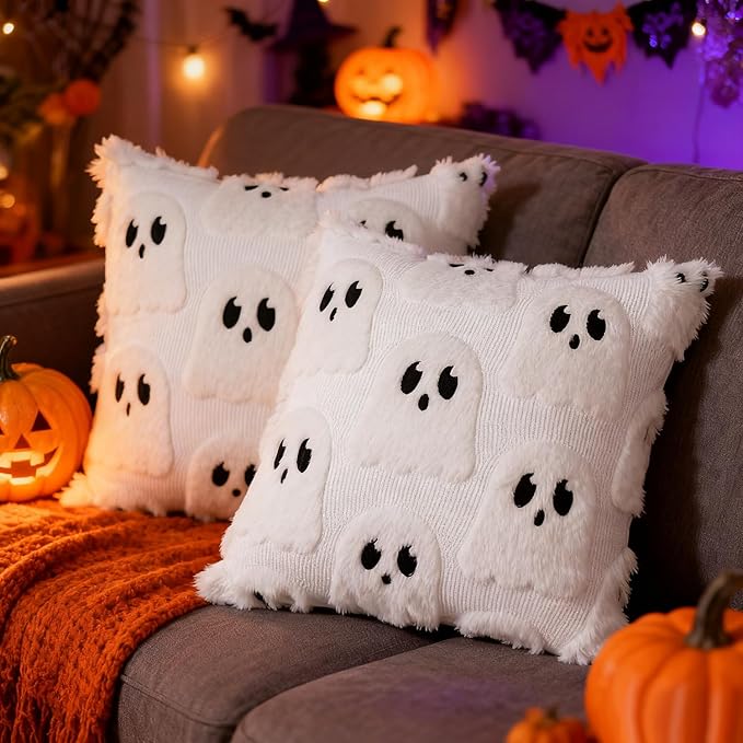 Halloween Decorative Pillow Covers 18x18 Set of 2 Ghost Throw Pillow Covers, Faux Fur Soft Pillow Cover Fluffy Plush Accent Throw Pillow Case, Throw Pillow Cover Cushion Cover for Home Decor, White