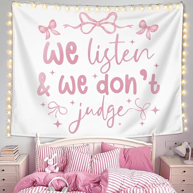 LIANGW Coquette Pink Bow Tapestry Wall Hanging, Preppy Room Decor, We Listen and We Don't Judge Aesthetic Wall Blanket, Pink Girly Aesthetic Decor for Girls Room, Dorm, Apartment, 50x60 Inch