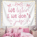 LIANGW Coquette Pink Bow Tapestry Wall Hanging, Preppy Room Decor, We Listen and We Don't Judge Aesthetic Wall Blanket, Pink Girly Aesthetic Decor for Girls Room, Dorm, Apartment, 50x60 Inch