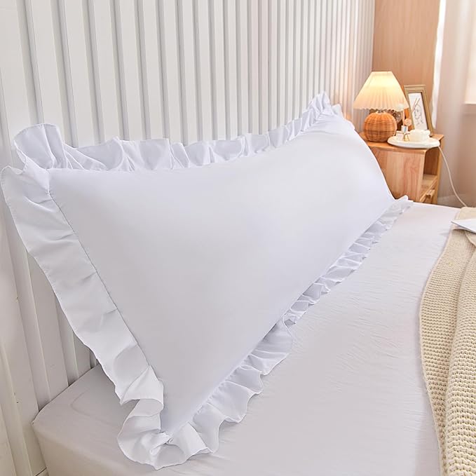 Nanko Body Pillow Case Cover 1 Pack 20x54, White Ruffled Boho Soft Shabby Chic Microfiber Extra Long Decorative Pillow Covers/Pillow Shams, Comfortable Body Pillowcase for Women Men