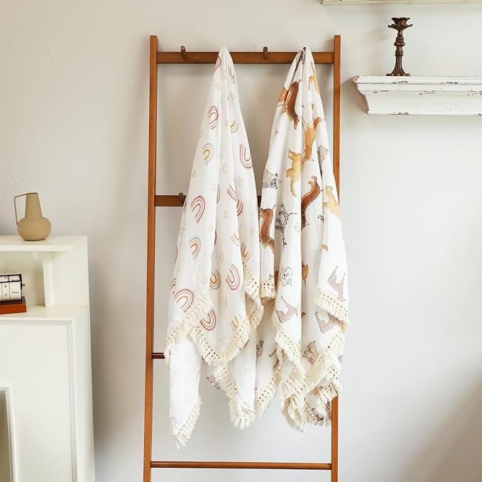 insular Cotton Muslin Baby Blanket with Tassel, Boho Bohemian Muslin Swaddle Blanket Baby Receiving Blanket with Fringe, Nursery Decor Throw or Nursing Blankets, 47" x40”, Party Dogs