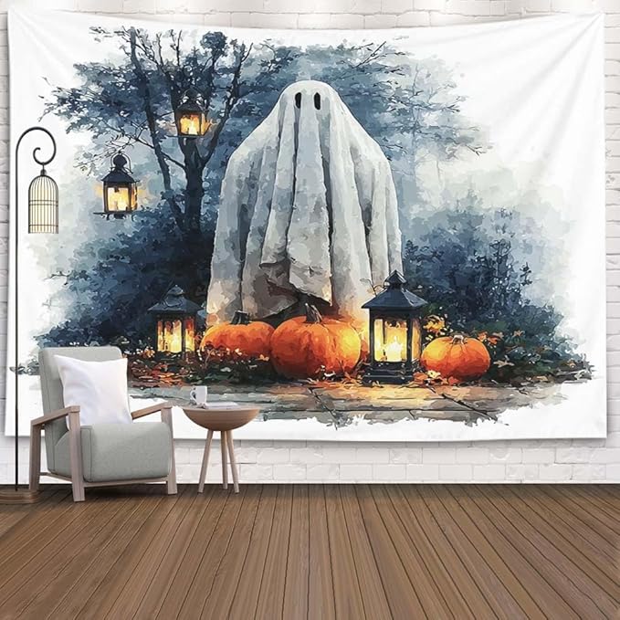 EMMTEEY Horror Tapestry Happy Halloween Ghost Pumpkins Ceiling Tapestry 60X50 Horizontal Wall Art for Bedroom Living Room Fall Backdrop
