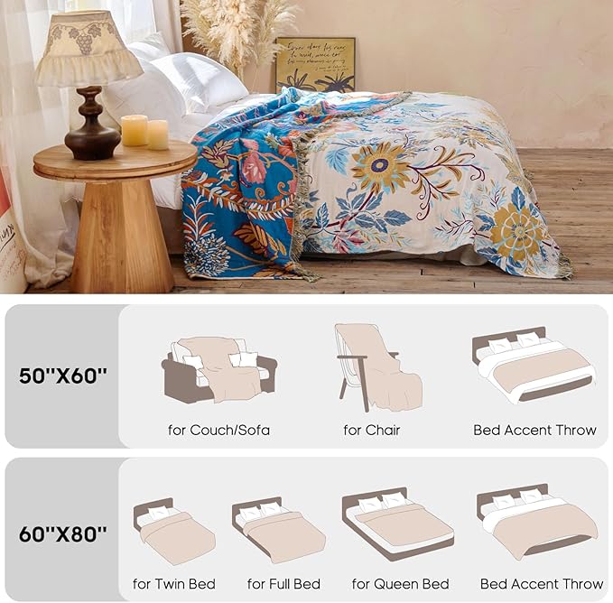 Boho Throw Blanket 60"x80" Floral Twin Bed Blanket with Sunflowers,100% Cotton Soft Breathable Lightweight Spring Decorative Tassel Reversible Blankets for Couch Sofa Decor All Season