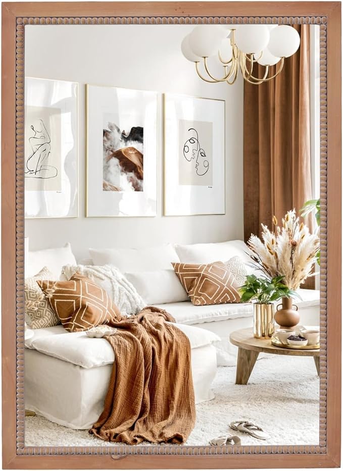 sawsile Rectangular Wood Mirror,22x30 inch Rustic Farmhouse Natural Wooden Frame Boho Beads Wall Mirror for Bathroom,Living Room,Bedroom or Entryway