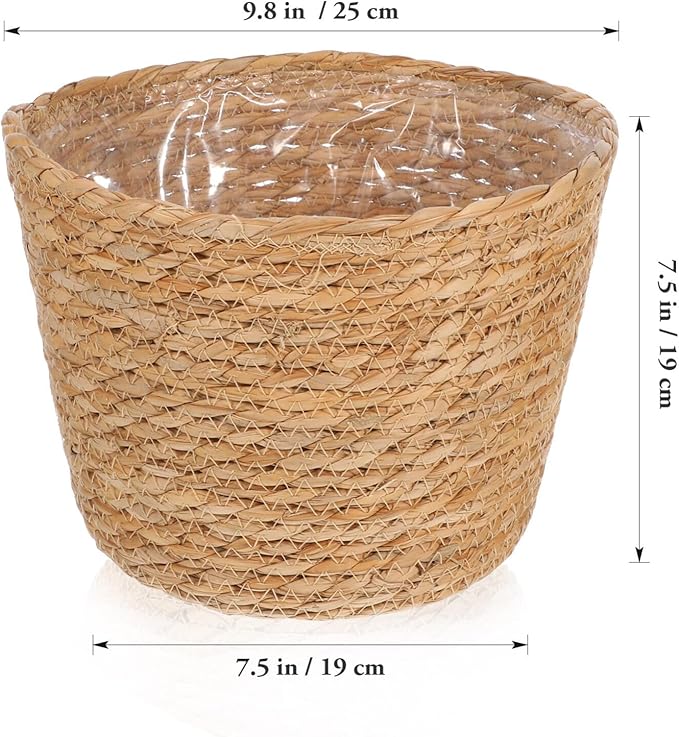 Woven Straw Flower Basket, Seagrass Planters Pot, Garden Plant Pot Containers Wicker Rattan Vase Sundries Organizer Storage Bins for Indoor Outdoor Plants