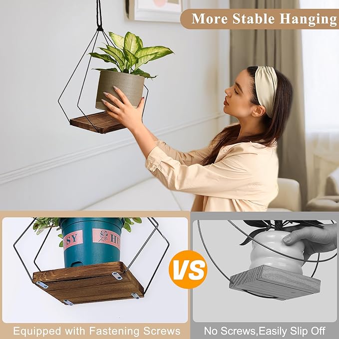 FIOBEE Hanging Planters for Indoor Plants Large Metal Plant Hanger Stand with Wood Base Wall Planter Holder for Window Wall Ceiling Home Decor Accessories (Plants/Pots Not Included), 1 Pack