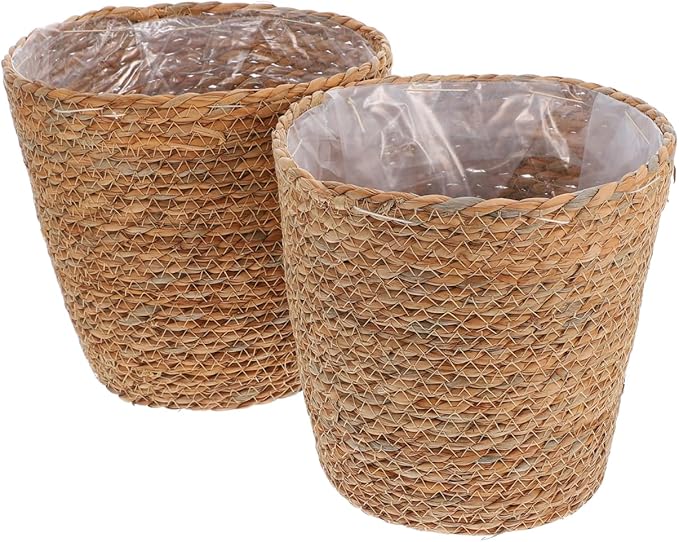 SUPVOX 2pcs Woven Plant Basket with Plastic Liner, Rattan Flower Pot Cover for Indoor Plants - Boho Farmhouse Home Decor