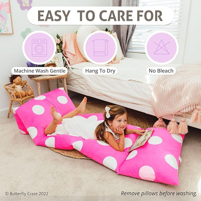 Butterfly Craze Floor Pillow Case, Mattress Bed Lounger Cover, Polka Hot Pink, King Size - Cozy Seating Solution for Kids & Adults, Recliner Cushion, for Reading, TV Time (Pillow Not Included)