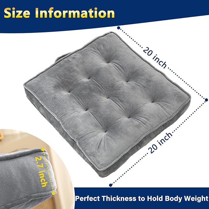 Floor Pillow Set of 4, Memory Foam Meditation Cushion, Floor Cushions for Adults Sitting, Large Square Seat Cushions for Yoga, Living Room, 20x20 Inch (Grey)