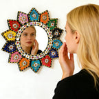 Sunflower Mirror - Vibrant 16-Petal Boho Circle Wall Decor, Small Decorative Floral Mirror Art for Living Room, Wood & Acrylic Mirror（2D Printed）