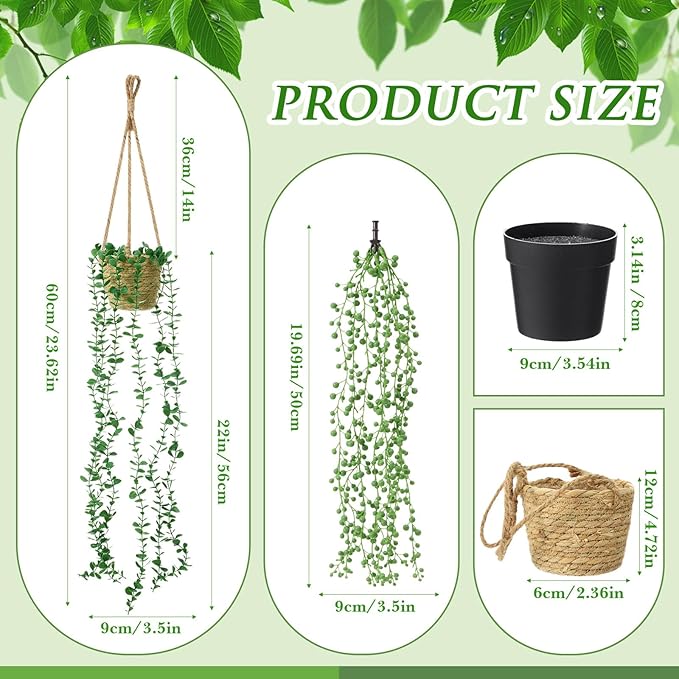 6 Set Mini Fake Hanging Plants with Woven Basket Boho Artificial Ivy Faux Vines Eucalyptus Leaf for Indoor Home Wall Living Room Bathroom Shelf Decor (Eucalyptus Leaf)