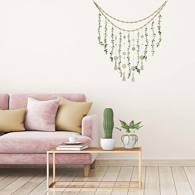 Hanging Eucalyptus Boho Wall Decor Large Boho Bedroom Wall Hanging Wooden Bead Garland Artificial Eucalyptus Natural Greenery Decoration, 36 x 36 Inch (Simple Color, Wood Chip Style)