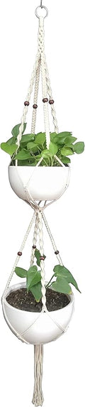 1 PCS Macrame Plant Hanger & Holder, Hanging Planter 4 Legs Double Deck for 8 inch to 10 inch Two Pots Indoor Outdoor Hanging Planter Hemp Rope 67 Inch with Metal Ring (Cotton)