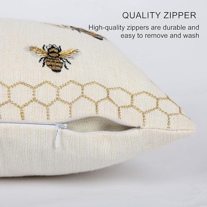 Honeycomb Throw Pillow Cover 12x 20, Gold Embroidered Bumble Lumbar Linen Pillow Cushion Case, Bee Farmhouse Home Decor for Outdoor Couch Bedroom Car