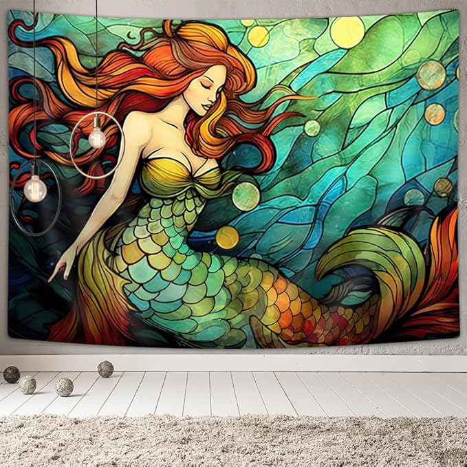 JAWO Mermaid in Shell Mandala Teen Girl Wall Hanging for Bedroom College Dorm, Underwater World Teal Tapestry Home Decor 71x60 Inches