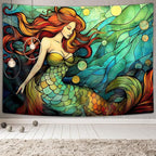 JAWO Mermaid Wall Hanging, Mermaid in Shell Mandala Teen Girl Wall Art for Bedroom College Dorm, Underwater World Teal Tapestry Home Decor 60x40 Inches