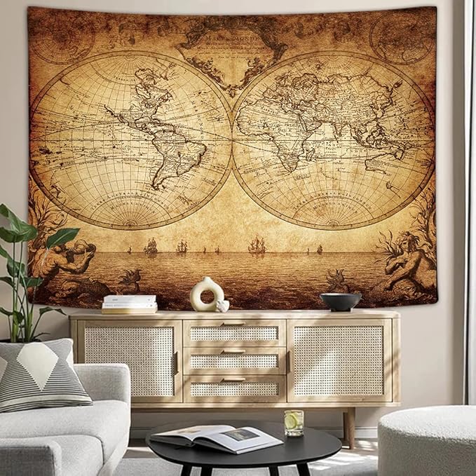 JAWO Old World Map Tapestry, Vintage Wanderlust Pirate Map Tapestry Wall Hanging for Bedroom, Historical Atlas Tapestries Poster Beach Blanket College Dorm Home Decor (90W X 70H)