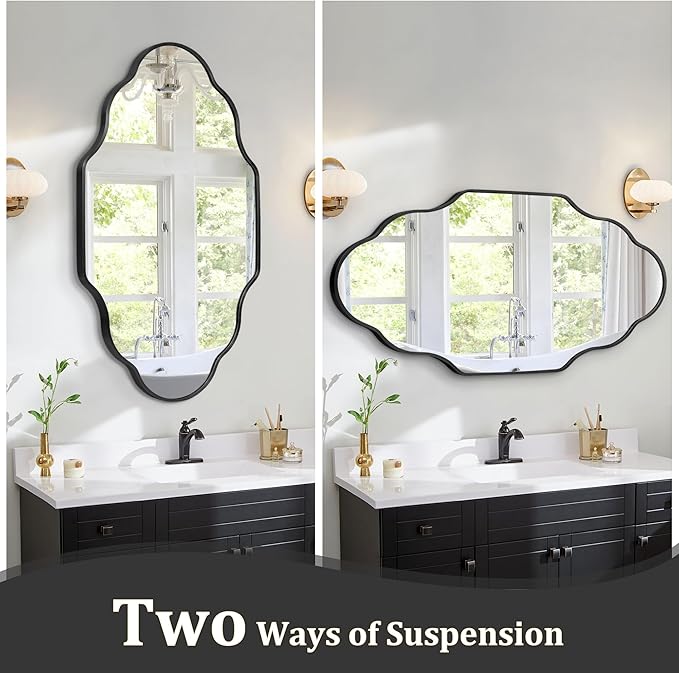 Scalloped Mirror for Bathroom - 24"x36" Black Bathroom Mirror with Aviation Aluminum Alloy Frame & Shatter-Proof Glass for Living Room Bedroom Entryway, Brushed Black Frame(x1)