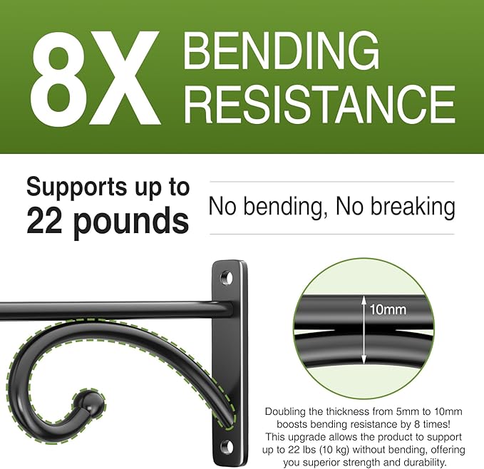 8-Inch Planter Hooks for Hanging Plants - Plant Hanger Hook Indoor Outdoor, Plant Wall Hooks, Brackets for Hanging Plants, Baskets, Wind Chime, Bird Feeder, Bird House (Black, Metal, 2 Pack)
