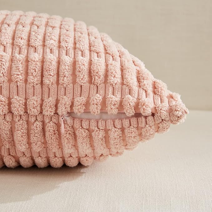 Fancy Homi 4 Packs Boho Pink Decorative Throw Pillow Covers 18x18 Inch for Living Room Couch Bed Sofa, Rustic Modern Farmhouse Home Decor, Soft Plush Corduroy Cute Square Cushion Case 45x45 cm