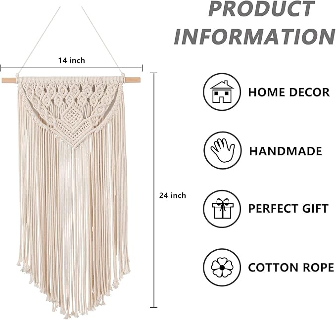 RLoncomix Macrame Wall Hanging Art Woven Wall Decor Cotton Bohemian Chic Macrame Tapestry for Bedroom Livingroom Apartment Dorm Nursery Gallery Decoration, Beige, 14" Wx24 L