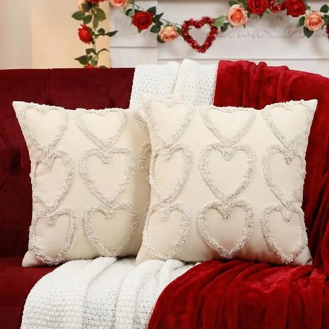 Oudain Set of 2 Heart Love Cute Decorative Throw Pillow Covers, 18 x 18 Inches Soft Plush Faux Fur Pillow Covers for Couch Sofa Indoor Outdoor Home Decoration