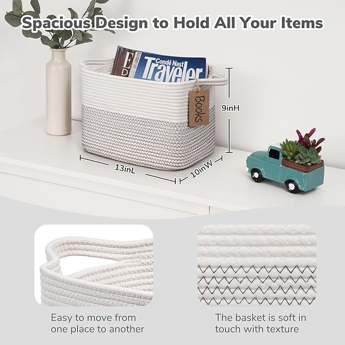 Goodpick Woven Storage Basket, Cotton Rope Baby Laundry Basket for Toy Storage, 13" x 10" x 9" Rectangle Stylish Gift Baskets with Handles, Decorative Clothes Organizer for Bedroom
