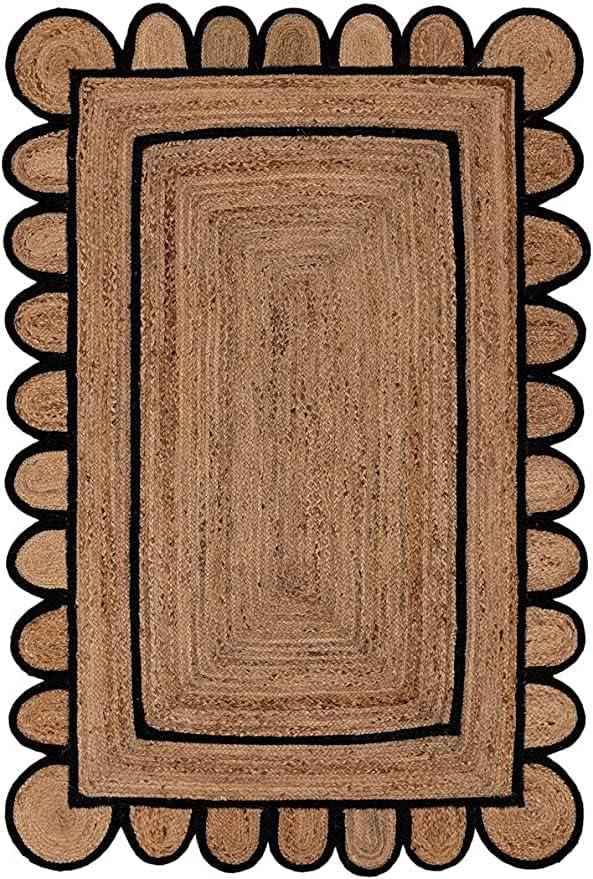 Generic Scallop Pattern Jute Bohemian Area Rug (Black, 6'x9')