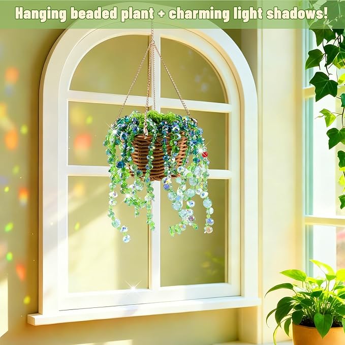 Wurosi 4074 Pcs Green Glass Beaded Plant Kit with Rattan Basket, Forever Plant Beaded Making Kit with Hanging Chain and Manual, Green Crystal Leaf Beads for Jewelry Making Beaded Plants