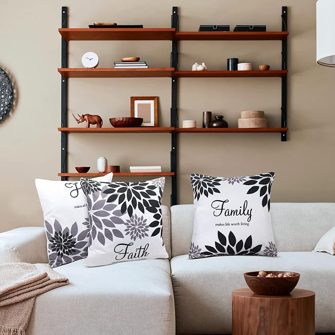 Tatuo 4 Pcs Flower Pillow Covers Square Spring Pillow Cushion Cases 18 x 18 Inch Family Faith Hope Love Words Decorative Summer Winter Cushion Case for Bed Couch Sofa Living Room(Black Series)
