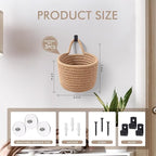 Fabric Wall Hanging Baskets - 3Pack Woven Pouchs Boho Style Wall Mounted Bag with Adhesive Hooks, Storage Organizers and Decoration Pocket Caddy Bins on Door Rack (Linen & Black, Large)