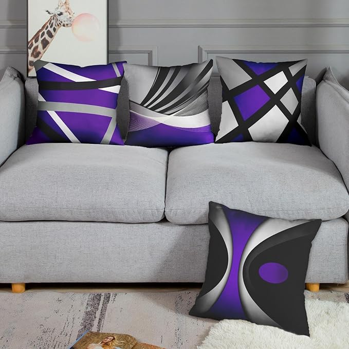 Emvency Set of 4 Purple Throw Pillow Covers Modern Abstract Black Grey Stripes Gray White Acrylic Bold Decorative Pillow Cases Home Decor Square 18x18 Inches Pillowcases