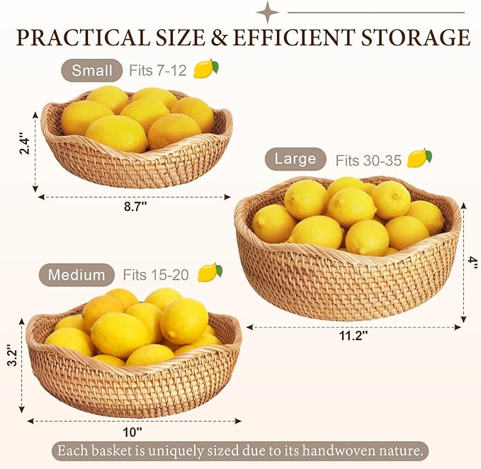 8.7" Wave Small Wicker Basket, Artisanal Rattan Fruit Basket, Key Bowl for Entryway Table, Decorative Bowl for Kitchen Counter, Bedside, Living Room, Natural Woven Fruit Bowl, Purse Bowl, Bread Basket