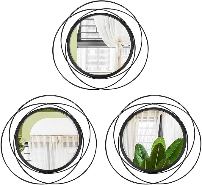 3 Set 9.5 Inch Black Circle Mirrors Wall Decor Iron Frame Wire Mirror Metal Circular Mirror Home Decor Hanging Mirrors for Room/Bedroom/Bathroom/Entryway
