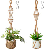 Hourglass Floating Macrame Plant Hangers 2 Pack Handmade Cotton Rope Hanging Planters Basket with S Hooks, Diamond Openwork Boho Home Decor for Indoor Outdoor, Plants Holder 35" & 39” (Caramel)